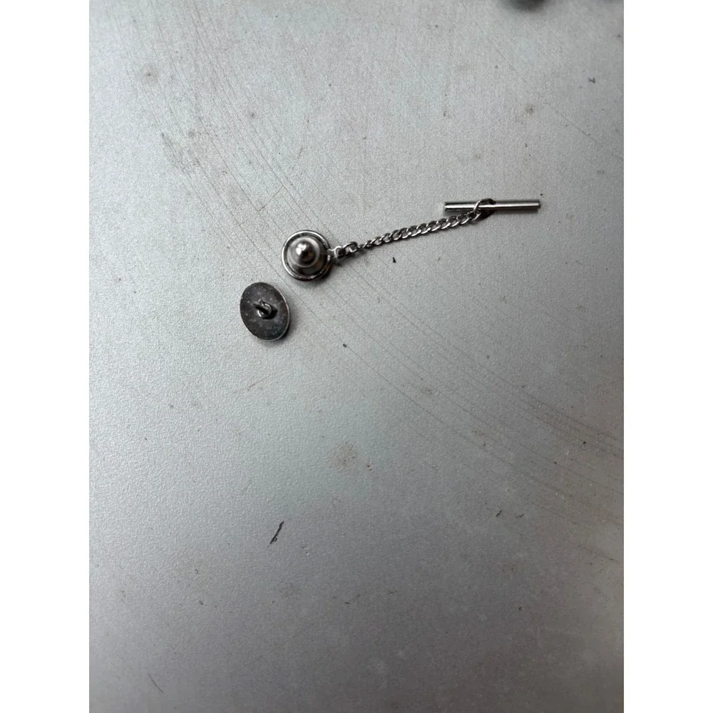 Vintage Silver Tone Black Enamel‎ Initial Letter F Tie Tack with T-Bar Chain